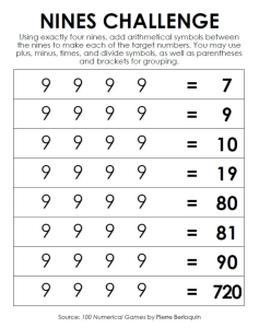 Using exactly four nines, add arithmetical symbols between the nines to make each of the target numbers. You may use plus, minus, times, and divide symbols, as well as parentheses and brackets for grouping. Target numbers: 7, 9, 10, 19, 80, 81, 90, 720 Source: 100 Numerical Games by Pierre Berloquin