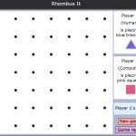 Screenshot of a gameboard for the game 'Rhombis It' showing a 7 by 7 grid of dots. On the right it says 'Player 1 (Human) is placing blue triangles. Player 2 (Computer) is placing pink squares, Player 1's turn'. There are buttons labelled 'New game' and 'Game report'.