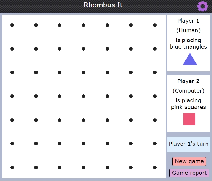 Screenshot of a gameboard for the game 'Rhombis It' showing a 7 by 7 grid of dots. On the right it says 'Player 1 (Human) is placing blue triangles. Player 2 (Computer) is placing pink squares, Player 1's turn'. There are buttons labelled 'New game' and 'Game report'.