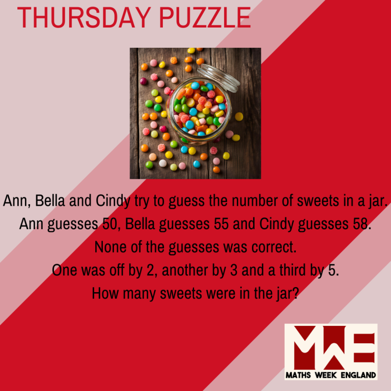 Ann, Bella and Cindy try to guess the number of sweets in a jar. Ann guesses 50, Bella guesses 55 and Cindy guesses 58. None of the guesses was correct. One was off by 2, another by 3 and a third by 5. One was off by 2, another by 3 and a third by 5. How many sweets were in the jar?