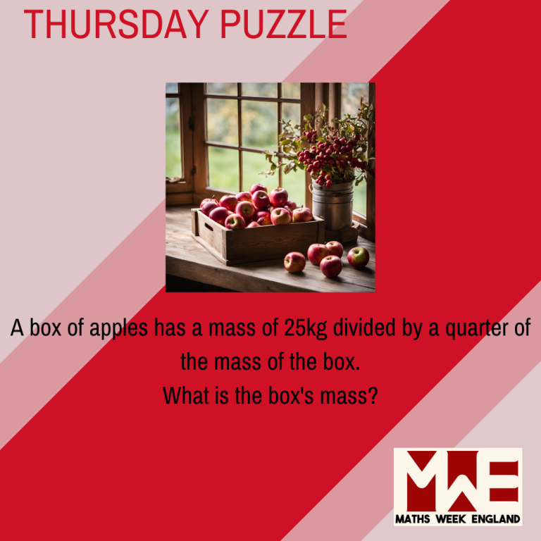A box of apples has a mass of 25kg divided by a quarter of the mass of the box. What is the the box's mass?
