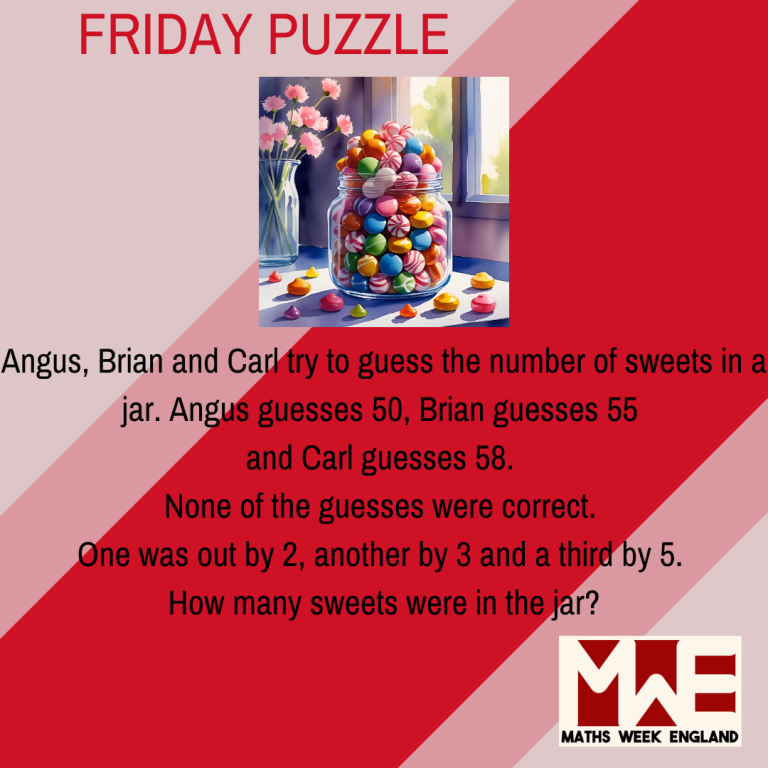 Angus, Brian and Carl try to guess the number of sweets in a jar. Angus guesses 50, Brian guesses 55 and Carl guesses 58. None of the guesses were correct. One was out by 2, another by 3 and the third by 5. How many sweets were in the jar?