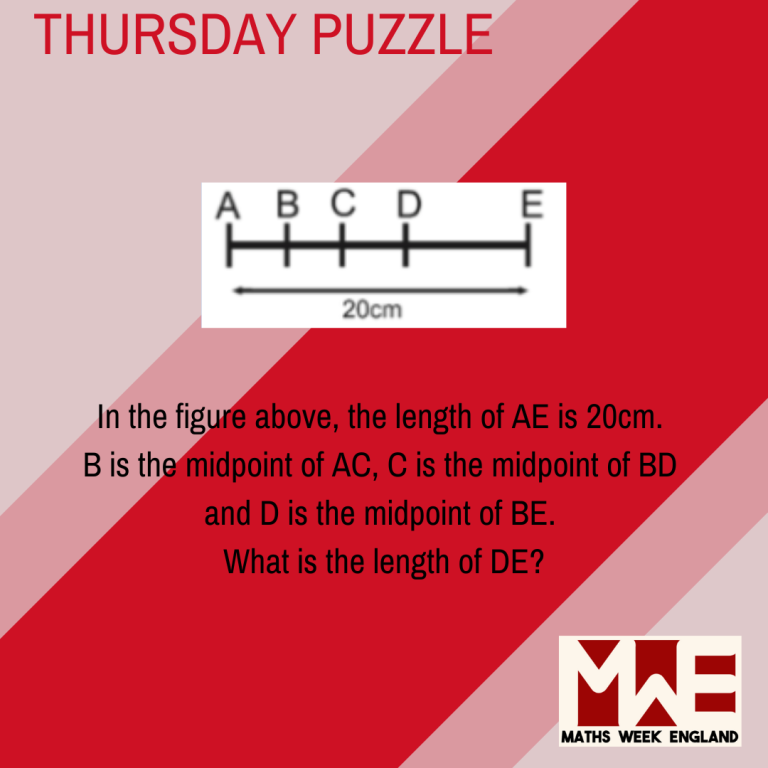 In the figure above, the length of AE is 20 centimetres. B is the midpoint of AC, C is the midpoint of BD and D is the midpoint of BE. What is the length of DE?