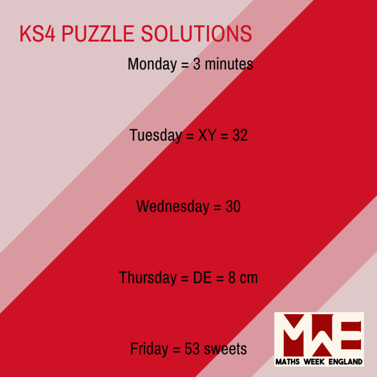 Monday: 3 minutes Tuesday: XY = 32 Wednesday = 30 Thursday: DE = 8cm Friday: 53 sweets